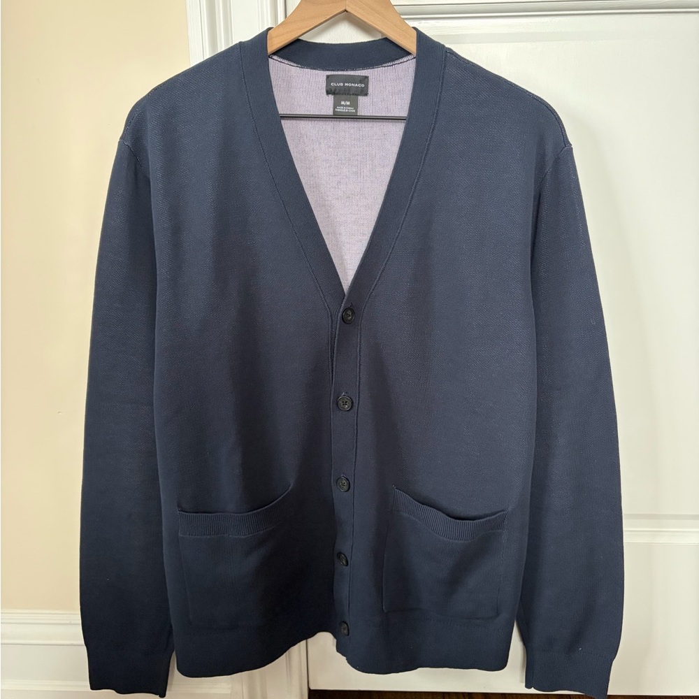 Club Monaco Men's Navy Doubleknit Cardigan in Cotton